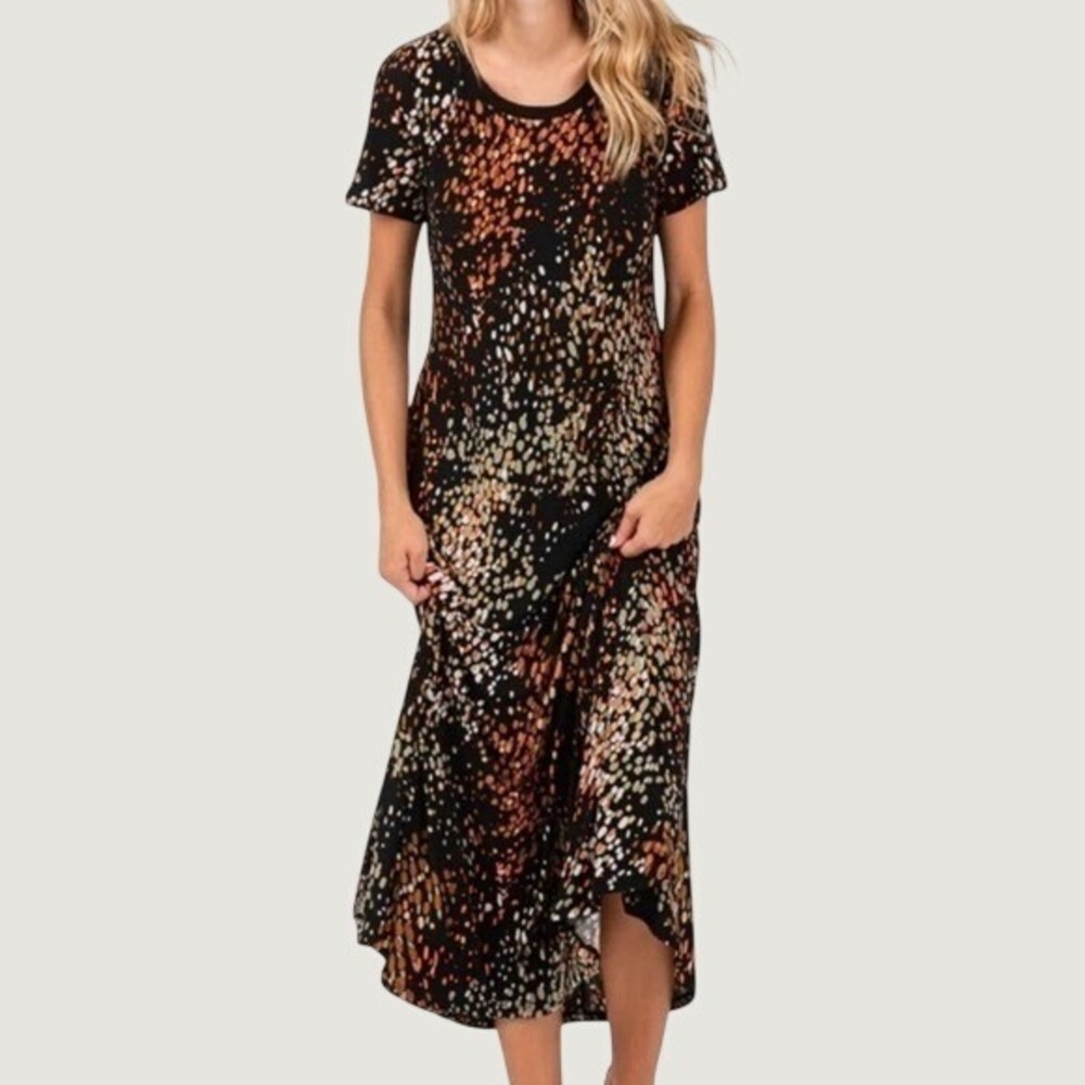 West.K Womens Brown Orange Abstract Dotted Midi Dress Short Sleeve Large